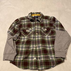 Carter’s Boys Green/Brown Plaid Grey Raglan Button Down Shirt- Size 4
